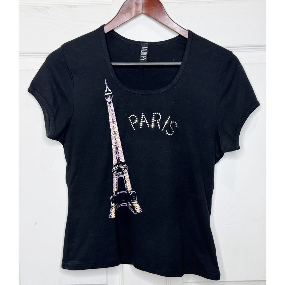 Laundry by Shelli Segal Black Paris Eiffel Tower Bling Tee Shirt Top Size Large